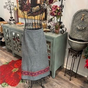 Gray Wool Skirt with Fringe Hem
